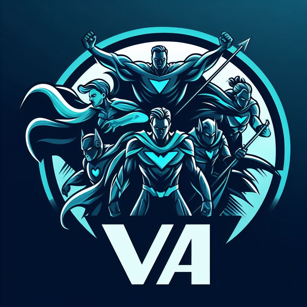 The Vigilante Agnecy logo. It contains cartoon superheros and the VA letters in front.